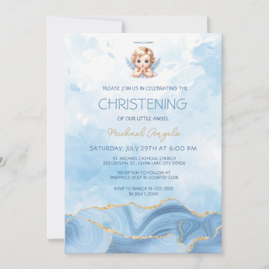 Elegant Blauw Engel Jongen Doop Doop Kaart (Voorkant)