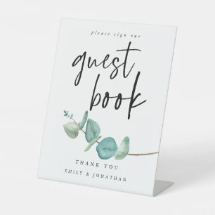 Elegant Blauw Eucalyptus Gastenboek Bruiloft Reclamebord Met Voetstuk