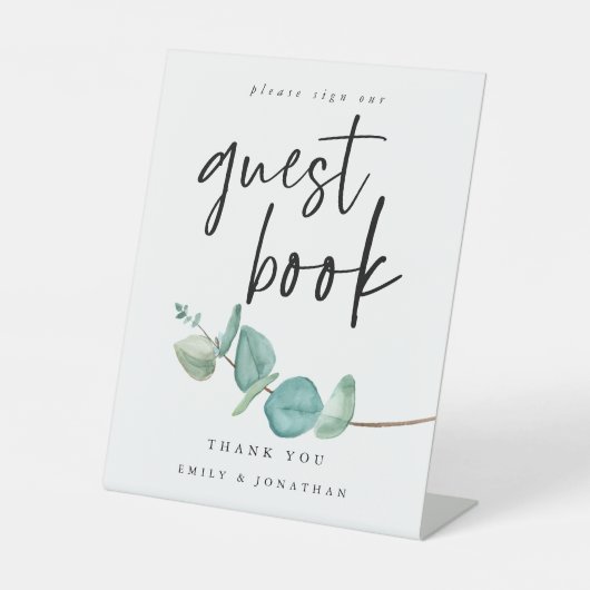 Elegant Blauw Eucalyptus Gastenboek Bruiloft Reclamebord Met Voetstuk (Voorkant)