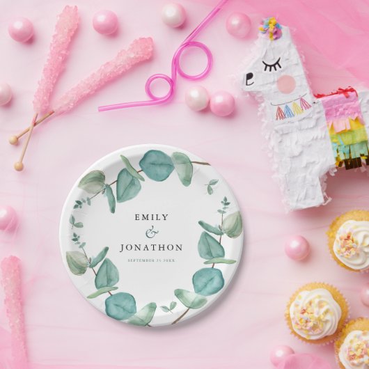 Elegant Blauw Eucalyptus Namen Datum Bruiloft Papieren Bordje (Feest)