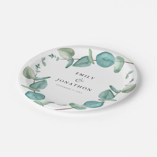 Elegant Blauw Eucalyptus Namen Datum Bruiloft Papieren Bordje (Gekanteld)