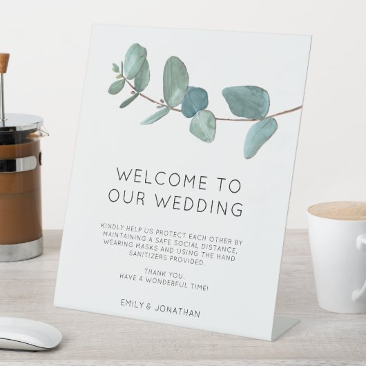 Elegant Blauw Eucalyptus Welkom COVID veiligheidsp Reclamebord Met Voetstuk (Insitu)