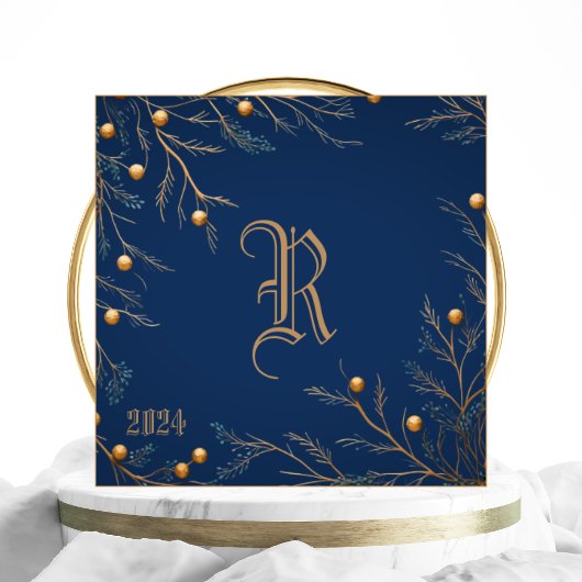 Elegant Blauw Familie Monogram Kerst Kaart
