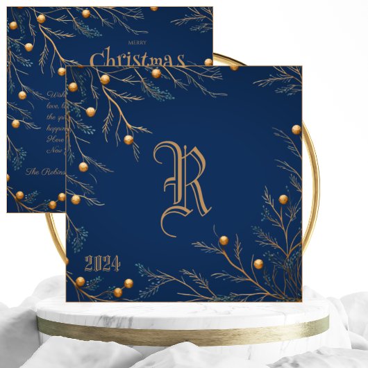 Elegant Blauw Familie Monogram Kerst Kaart