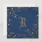 Elegant Blauw Familie Monogram Kerst Kaart (Voorkant)
