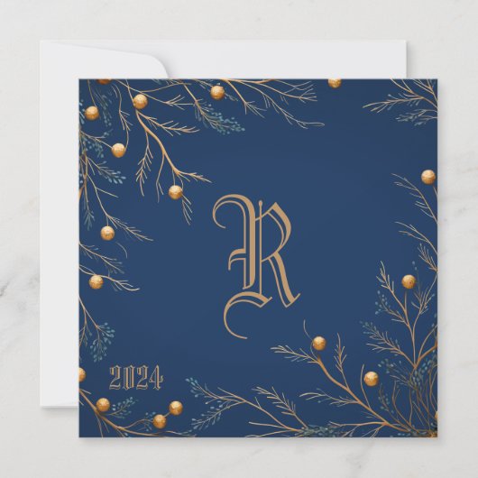 Elegant Blauw Familie Monogram Kerst Kaart (Voorkant)