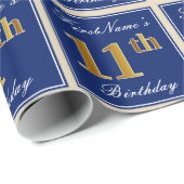 Elegant, blauw, Faux Gold 11th Birthday + naam Cadeaupapier (Rol Hoek)
