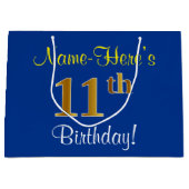 Elegant, blauw, Faux Gold 11th Birthday + naam Groot Cadeauzakje (Voorkant)