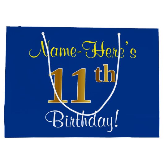Elegant, blauw, Faux Gold 11th Birthday + naam Groot Cadeauzakje (Achterkant)