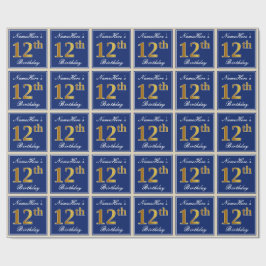 Elegant, blauw, Faux Gold 12th Birthday + naam Cadeaupapier