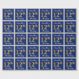 Elegant, blauw, Faux Gold 12th Birthday + naam Cadeaupapier