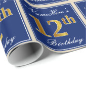 Elegant, blauw, Faux Gold 12th Birthday + naam Cadeaupapier (Rol Hoek)