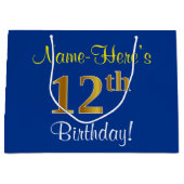 Elegant, blauw, Faux Gold 12th Birthday + naam Groot Cadeauzakje (Voorkant)