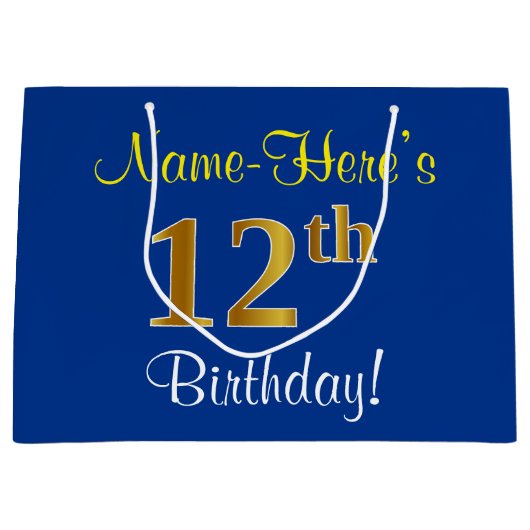 Elegant, blauw, Faux Gold 12th Birthday + naam Groot Cadeauzakje (Voorkant)