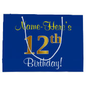 Elegant, blauw, Faux Gold 12th Birthday + naam Groot Cadeauzakje (Achterkant)