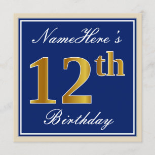 Elegant, blauw, Faux Gold 12th Birthday + naam Kaart
