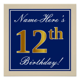 Elegant, blauw, Faux Gold 12th Birthday + naam Poster