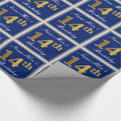 Elegant, blauw, Faux Gold 14th Birthday + naam Cadeaupapier (Hoek)