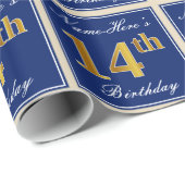 Elegant, blauw, Faux Gold 14th Birthday + naam Cadeaupapier (Rol Hoek)