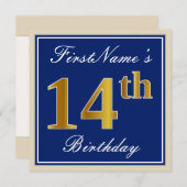 Elegant, blauw, Faux Gold 14th Birthday + naam Kaart (Voorkant / Achterkant)