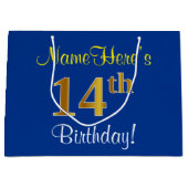 Elegant, blauw, Faux Gold 14th Birthday + naam Large Cadeautasje (Voorkant)