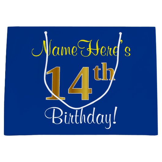 Elegant, blauw, Faux Gold 14th Birthday + naam Large Cadeautasje (Voorkant)