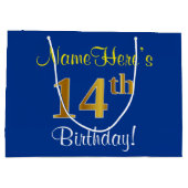 Elegant, blauw, Faux Gold 14th Birthday + naam Large Cadeautasje (Achterkant)