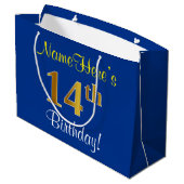 Elegant, blauw, Faux Gold 14th Birthday + naam Large Cadeautasje (Achterkant Gekanteld)