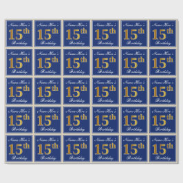 Elegant, blauw, Faux Gold 15th Birthday + naam Cadeaupapier