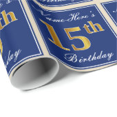 Elegant, blauw, Faux Gold 15th Birthday + naam Cadeaupapier (Rol Hoek)