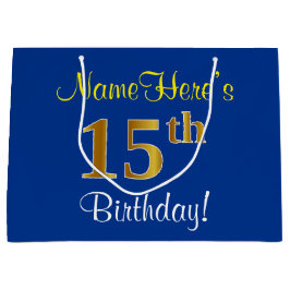 Elegant, blauw, Faux Gold 15th Birthday + naam Groot Cadeauzakje
