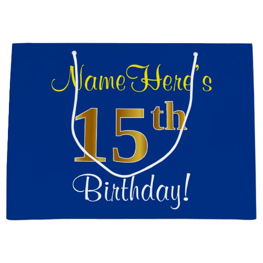 Elegant, blauw, Faux Gold 15th Birthday + naam Groot Cadeauzakje (Voorkant)