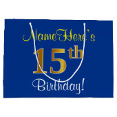 Elegant, blauw, Faux Gold 15th Birthday + naam Groot Cadeauzakje (Achterkant)