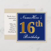 Elegant, blauw, Faux Gold 16e verjaardag + naam Kaart (Voorkant / Achterkant)