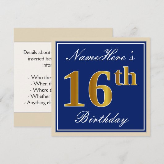 Elegant, blauw, Faux Gold 16e verjaardag + naam Kaart (Voorkant / Achterkant)
