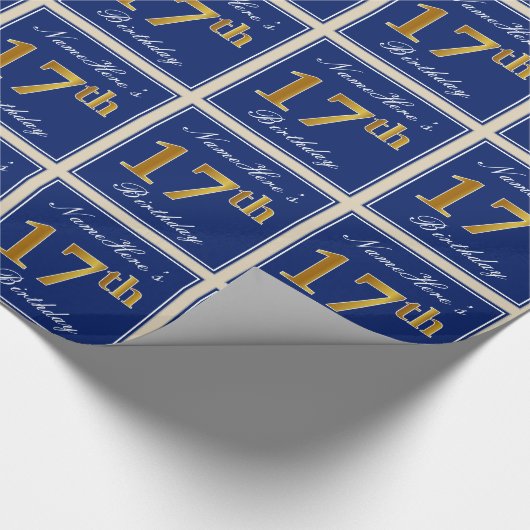 Elegant, blauw, Faux Gold 17th Birthday + naam Cadeaupapier (Hoek)