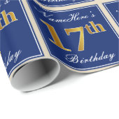 Elegant, blauw, Faux Gold 17th Birthday + naam Cadeaupapier (Rol Hoek)