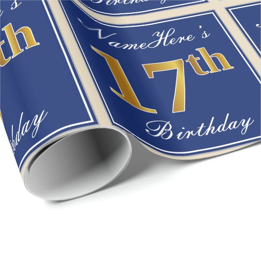 Elegant, blauw, Faux Gold 17th Birthday + naam Cadeaupapier (Rol Hoek)