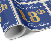 Elegant, blauw, Faux Gold 18th Birthday + naam Cadeaupapier (Rol Hoek)