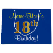 Elegant, blauw, Faux Gold 18th Birthday + naam Groot Cadeauzakje (Voorkant)