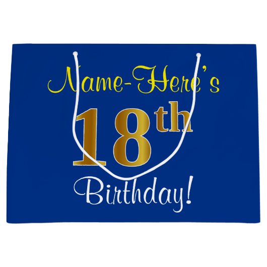 Elegant, blauw, Faux Gold 18th Birthday + naam Groot Cadeauzakje (Voorkant)