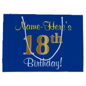 Elegant, blauw, Faux Gold 18th Birthday + naam Groot Cadeauzakje (Achterkant)