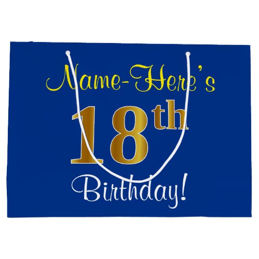 Elegant, blauw, Faux Gold 18th Birthday + naam Groot Cadeauzakje (Achterkant)