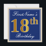 Elegant, blauw, Faux Gold 18th Birthday   naam Kaart<br><div class="desc">Dit eenvoudige en elegante uitnodigingsontwerp voor verjaardagsfeestjes bevat een gepersonaliseerde boodschap zoals "FirstName's 18th Birthday" (met de "18th" met een faux / imitatie goudachtige kleurige look) in een blauw-gekleurd vierkant gebied met een eenvoudige rand. De naam is in een elegante wit-gekleurde script-achtige tekst, en kan worden gepersonaliseerd. De achterkant bevat...</div>