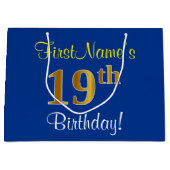 Elegant, blauw, Faux Gold 19th Birthday + naam Groot Cadeauzakje (Voorkant)