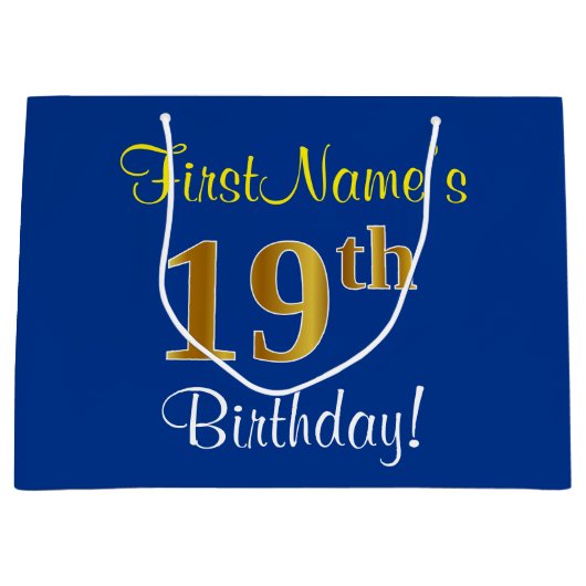 Elegant, blauw, Faux Gold 19th Birthday + naam Groot Cadeauzakje (Voorkant)
