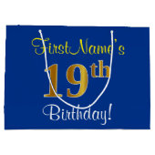 Elegant, blauw, Faux Gold 19th Birthday + naam Groot Cadeauzakje (Achterkant)