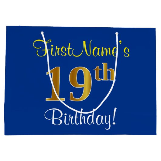 Elegant, blauw, Faux Gold 19th Birthday + naam Groot Cadeauzakje (Achterkant)