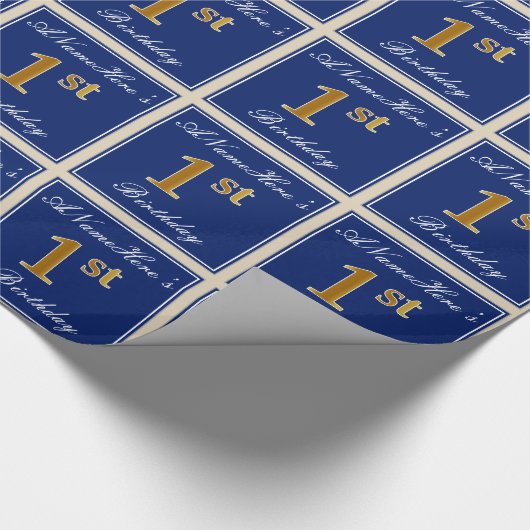 Elegant, blauw, Faux Gold 1st Birthday; aangepaste Cadeaupapier (Hoek)
