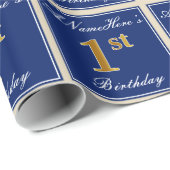 Elegant, blauw, Faux Gold 1st Birthday; aangepaste Cadeaupapier (Rol Hoek)